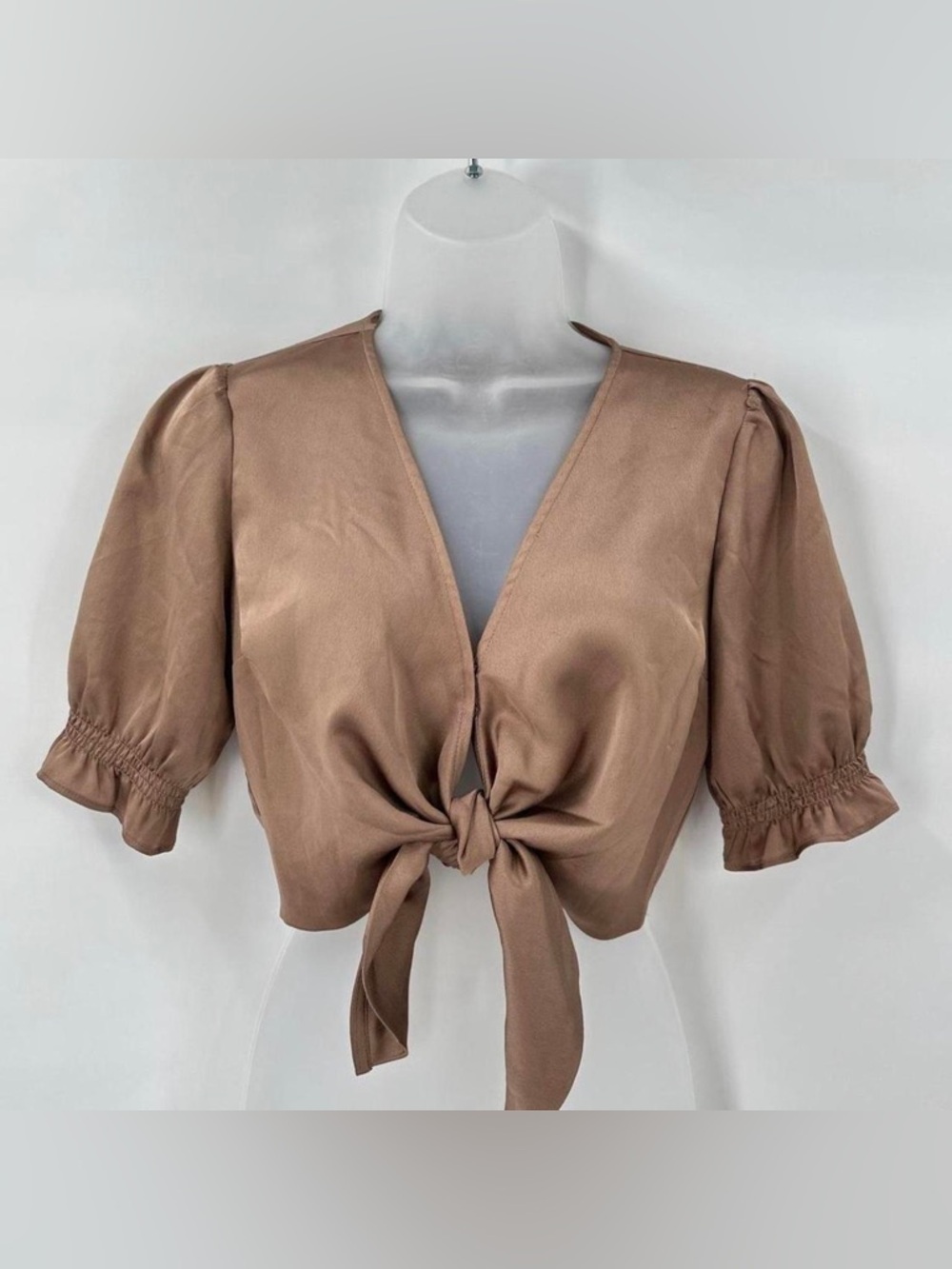Satin Tie-Front Crop Top - Taupe - Picture 4 of 4